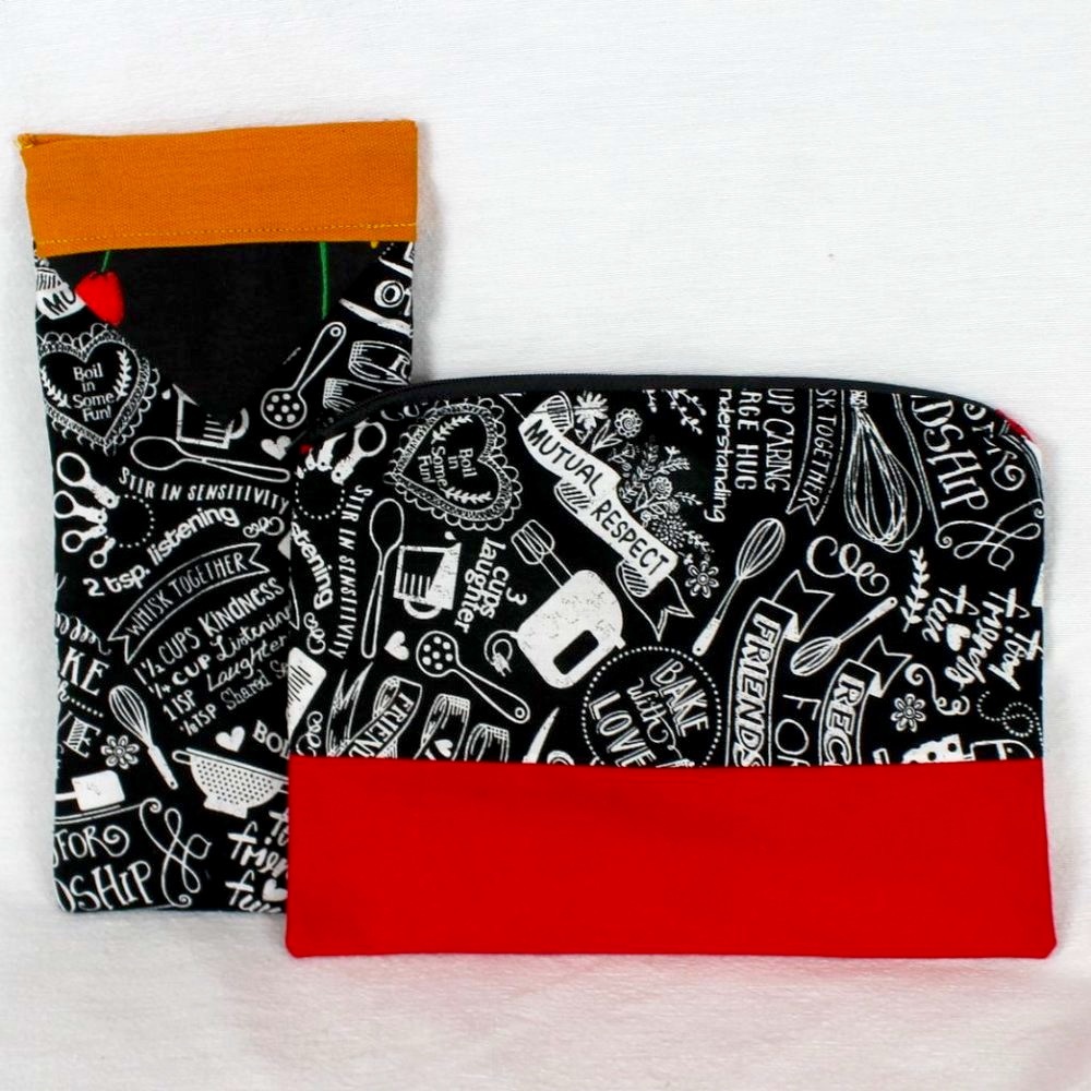 Kitchen Print Black & White Zippered Pouch & Snap Sunglass Case Handmade Lined